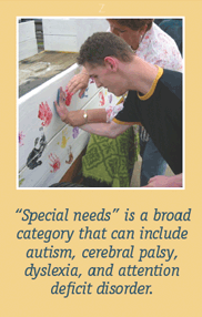 �Special needs� is a broad category that can include autism, cerebral palsy, dyslexia, and attention deficit disorder. 