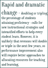 Rapid and dramatic change - doubling or tripling the percentage of students attaining proficiency - calls for new instructional strategies and intensified efforts to help every student learn. However, it is unlikely that revenues will double or triple in the next few years, so performance improvement also will require better approaches to allocating resources for teaching and learning.