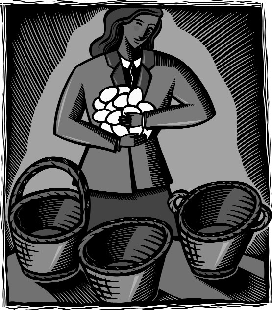 Image of a woman holding many eggs and looking at several baskets.