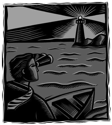 images of a person in a boat looking towards a lighthouse.