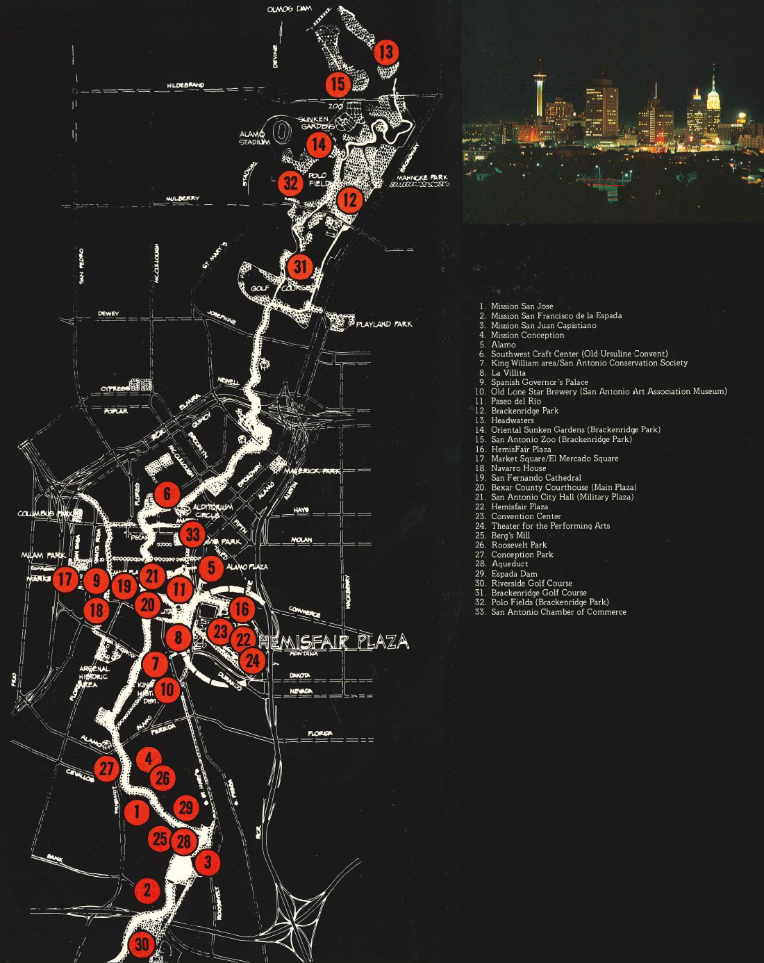 A diagram displays the city of San Antonio and 33 associate features related to the San Antonio River.
