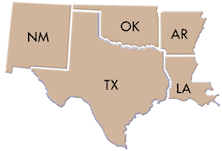 map showing AR, LA, NM, OK, and TX