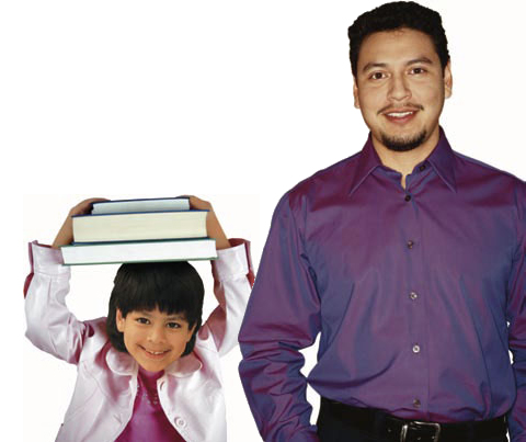 Photo of a man and girl with a stack of books.