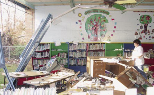 Photo of damaged library in Bay St. Louis Waveland School District, Mississippi