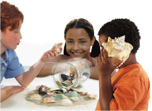 Three children examine sea shells during an afterschool program.