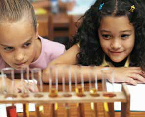 Photo of two girls examining a row of test tubes.