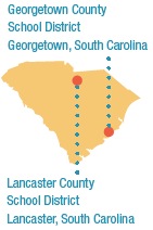 A map of South Carolina showing the location of the Georgetown and Lancaster school districts.