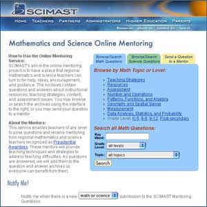 graphic showing a view of the main Math and Science Mentoring Web page